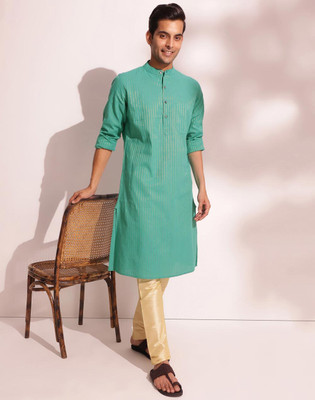 Fabindia Men Striped Straight Kurta(Green)