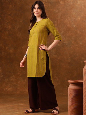ANOUK Women Striped Straight Kurta(Green)