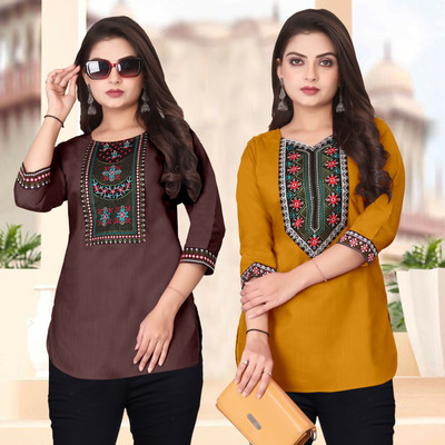 HELLY512 Women Embroidered A-line Kurta(Yellow, Brown)