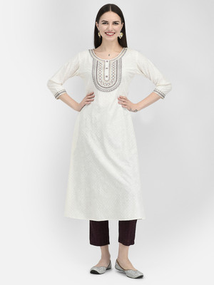 Span Women Self Design A-line Kurta(White)