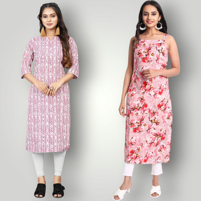 KAUTAQI Women Printed Straight Kurta(Multicolor)