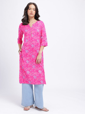 Anouk Rustic Women Floral Print Straight Kurta(Pink)