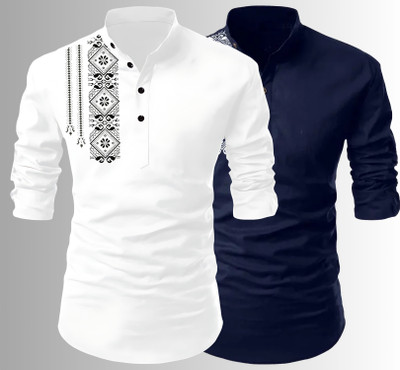 Kavyangle Creation Men Printed Straight Kurta(White, Light Blue)