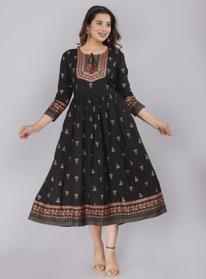 Munga Fashion Women Printed Flared Kurta(Black)