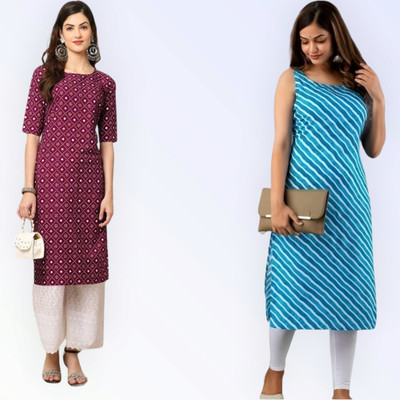 KAUTAQI Women Printed, Striped Straight Kurta(Multicolor)