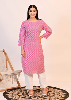 PG Garments Women Geometric Print Straight Kurta(Pink, White)