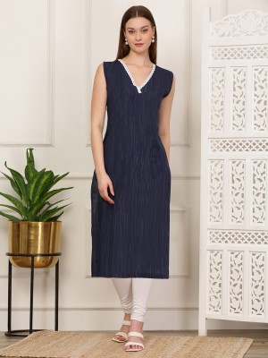 Velour Textiles Women Embroidered A-line Kurta(Dark Blue)