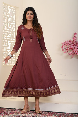 saadgee Women Printed Anarkali Kurta(Brown, Gold, Silver)