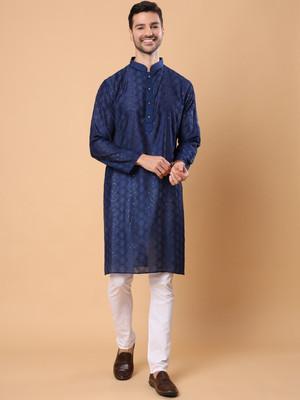 House of Pataudi Men Embroidered Straight Kurta(Dark Blue)