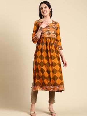 SHOWOFFFF Women Printed Anarkali Kurta(Brown)