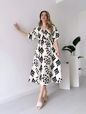 Shreejagdamba Women Gown Black, White Knee Length Dress