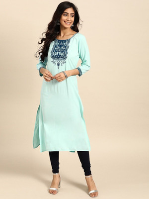 ANOUK Women Embroidered Straight Kurta(Blue)