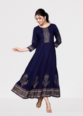 NAMAHART Women Block Print Anarkali Kurta(Dark Blue, Gold)