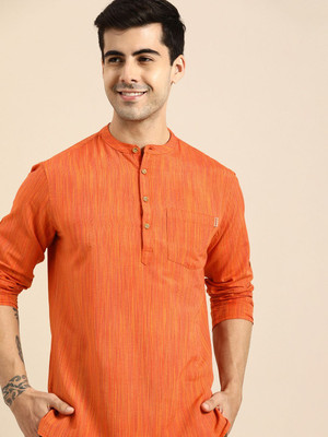 ANOUK Men Striped Straight Kurta(Orange)