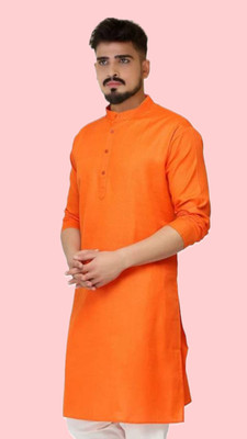 HouseOfCommon Men Solid A-line Kurta(Orange)