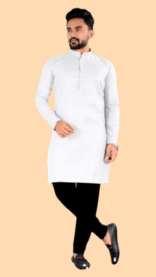 Ladies Haat Men Solid A-line Kurta(White)