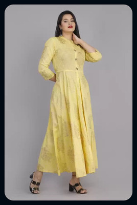 AnviTextile Women Printed Anarkali Kurta(Yellow)