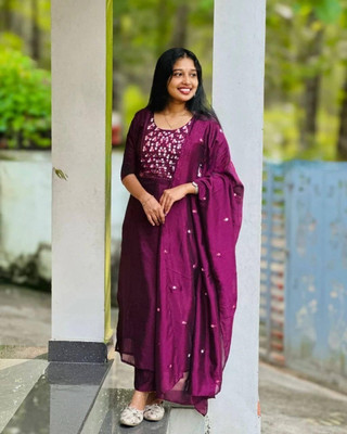 STITCHPEAR Women Embroidered, Floral Print A-line Kurta(Purple)