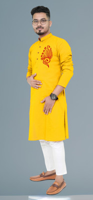 Hoodler Fab Men Printed Straight Kurta(Yellow)
