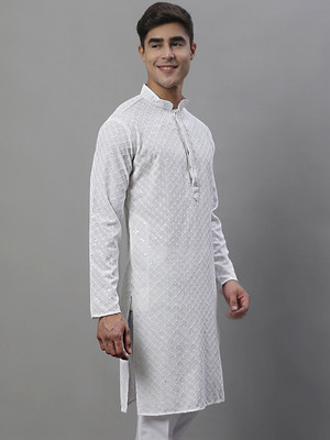 Jompers Men Embroidered Straight Kurta(White)