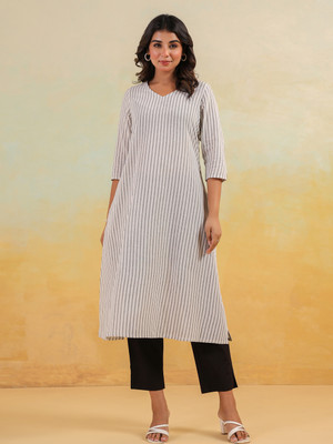 Janasya Women Striped A-line Kurta(White)