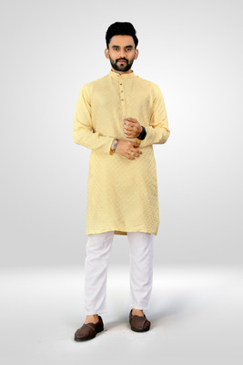 kivarna Men Self Design Straight Kurta(Yellow)