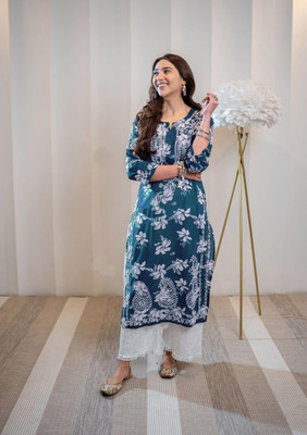 anushansa Women Printed Straight Kurta(Dark Blue)