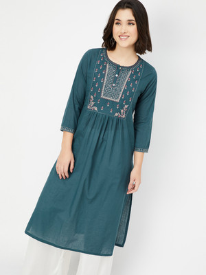 MAX Women Printed Straight Kurta(Blue)