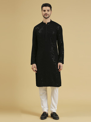 Rajubhai Hargovindas Men Embellished Straight Kurta(Black)