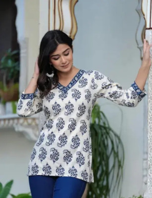 stylishtrend Women Block Print Cape Top Kurta(Blue)