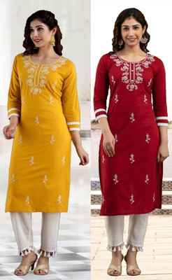 vikshi Women Embroidered Straight Kurta(Multicolor)