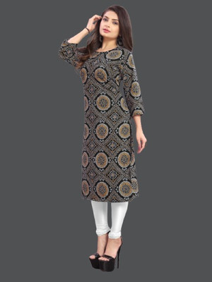 dharmanandan creation Women Printed Straight Kurta(Black)