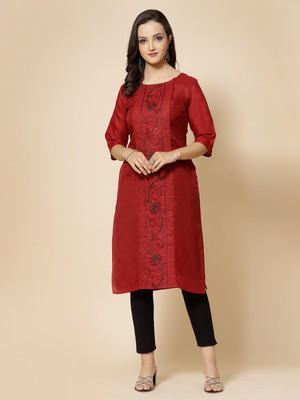 Ladylaz Women Embroidered A-line Kurta(Maroon)