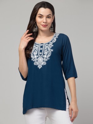 CROWNKING Women Embroidered Straight Kurta(Dark Blue)