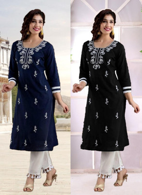 vikshi Women Chikan Embroidery Straight Kurta(Multicolor)