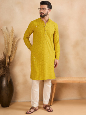 House of Pataudi Men Embroidered Straight Kurta(Yellow)