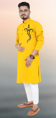 Hoodler Fab Men Printed Straight Kurta(Yellow)
