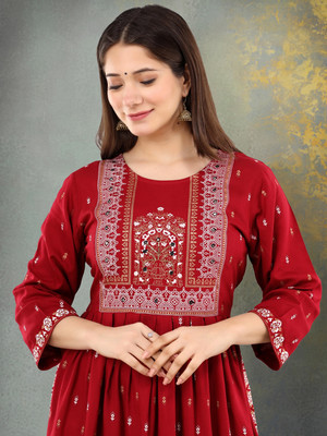 MARISY Women Printed, Embellished A-line Kurta(Maroon)