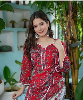 KAWDI FASHION Women Printed Straight Kurta(Red)