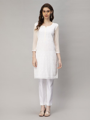 Dhakre fashion Women Chikan Embroidery, Embroidered Straight Kurta(White)