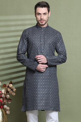 AEW DESIGNS Men Printed Straight Kurta(Black)