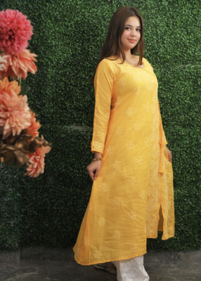 Chikirpolo Women Chikan Embroidery A-line Kurta(Yellow)