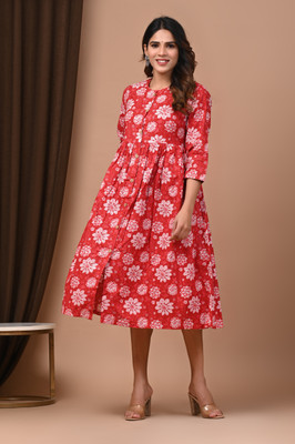 NAMDEV Women Floral Print A-line Kurta(Red)