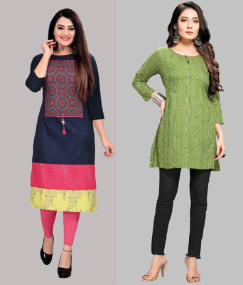 tanvi creation Women Printed Straight Kurta(Dark Blue, Green)