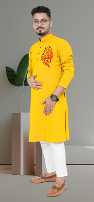 Darckchil Fab Men Printed Straight Kurta(Yellow)