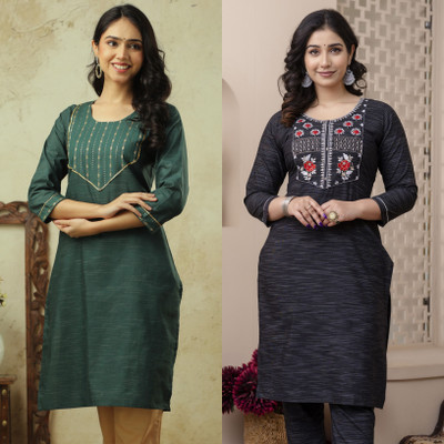AuzaSho Collection Women Embroidered Straight Kurta(Multicolor)
