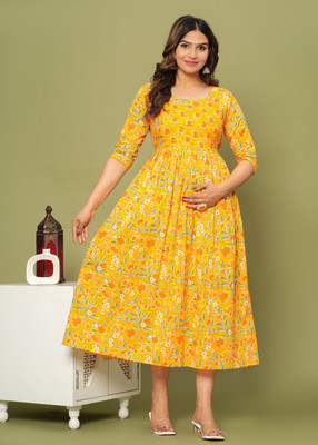 UrbanRang Women Printed Anarkali Kurta(Yellow, White)
