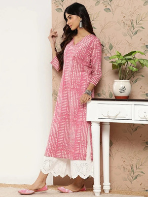 Ambrosia retail Women Striped Straight Kurta(Pink)