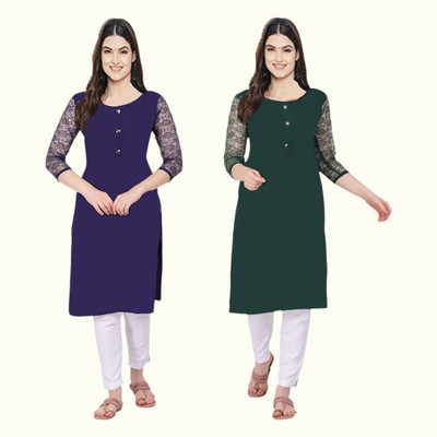 Adgoodstrader fashion Women Printed Straight Kurta(Dark Blue, Dark Green)