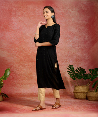 LIBAS Women Embroidered Straight Kurta(Black)